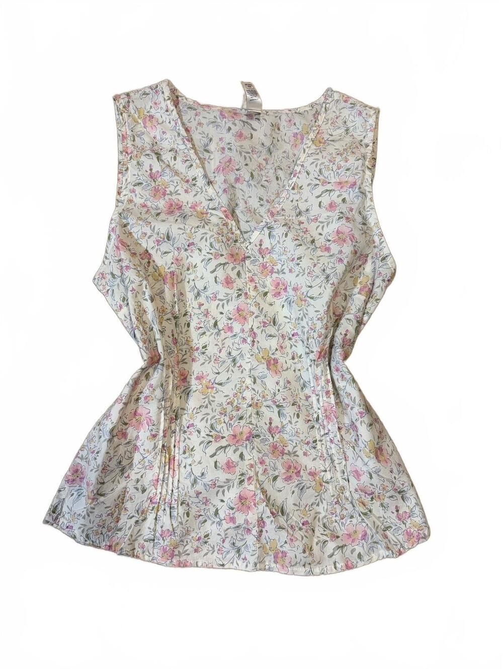 Vintage Old Navy Blouse Size S Ivory Floral Sleeveless V-Neck Wrap Tie Back